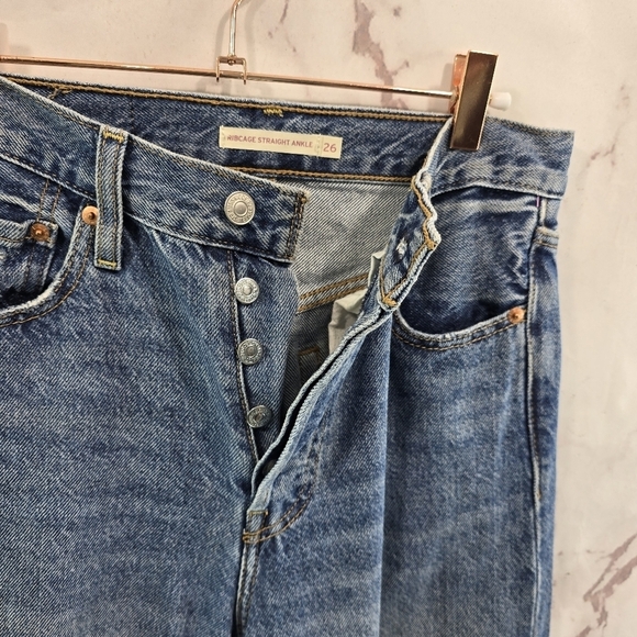 Levis Premium Jeans Women 26 Ribcage Straight Ankle Ripped Hole Button High Rise - Picture 9 of 13